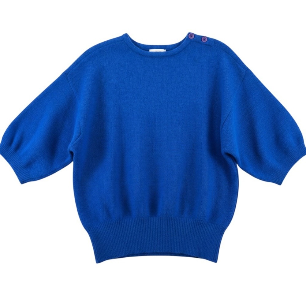 Vintage Chaus Sweater Womens L Blue Lambswool Angora Short Sleeve Button Top